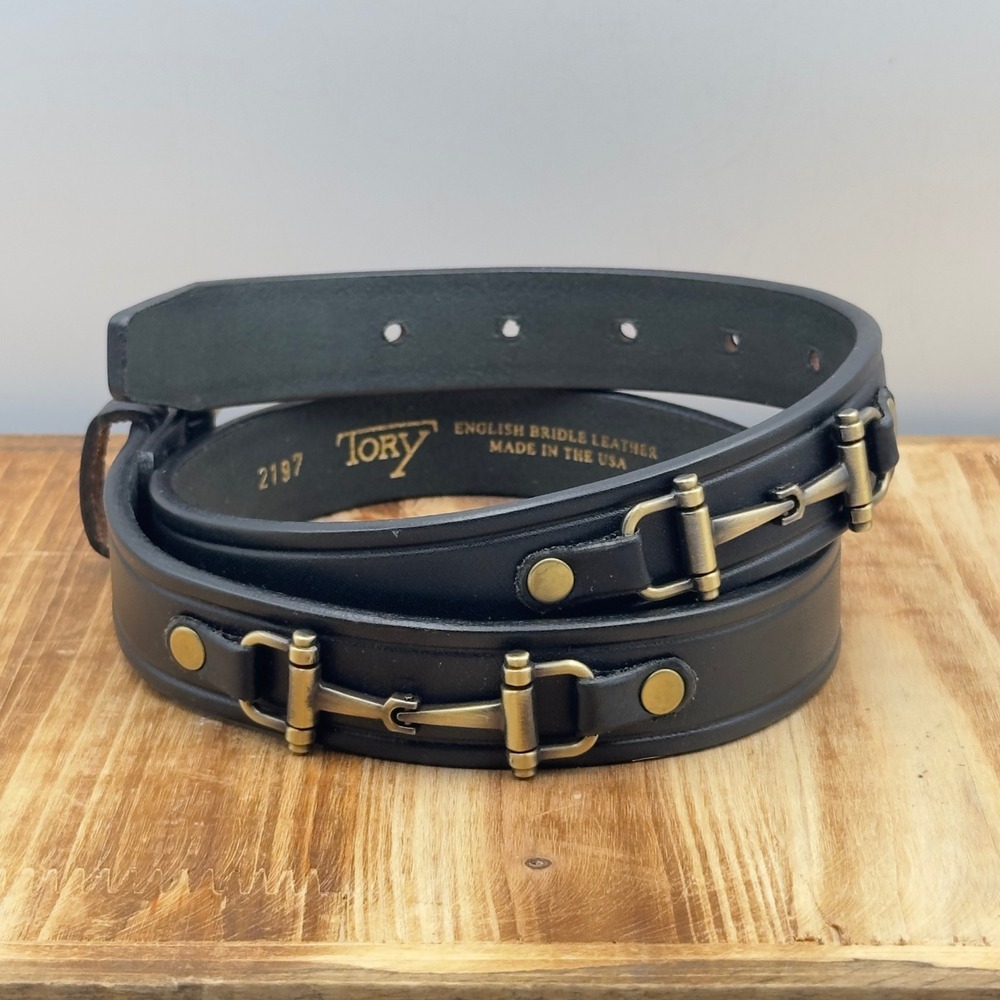 Tory Leather Belt Black Snaffle Bit English Bridle Leather USA Size 30 2197 EUC